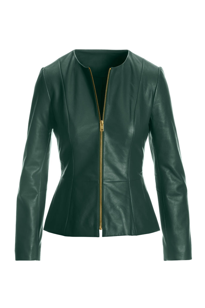 Collarless Peplum Leather Jacket Emerald Green