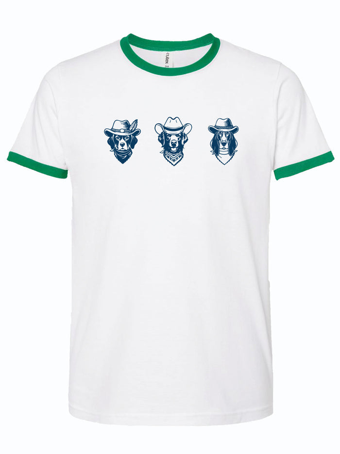 White t-shirt with green ringer sleeves featuring three dogs with cowboy hats on a white background