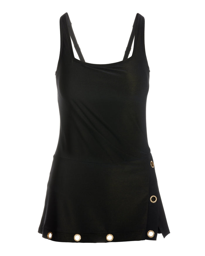 Crystal Grommet Square-Neck Swim Dress Black