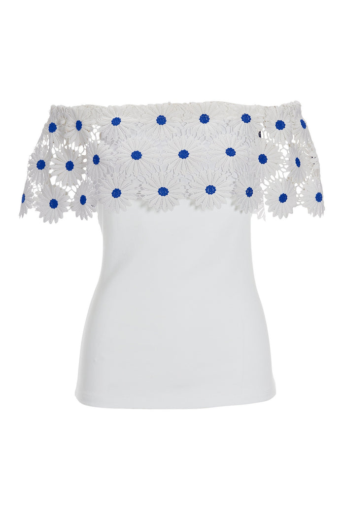 Daisy Lace Off The Shoulder Knit White/Blue