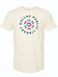 Cream t-shirt with 'Dallas Public Library' circular logo printed across the chest