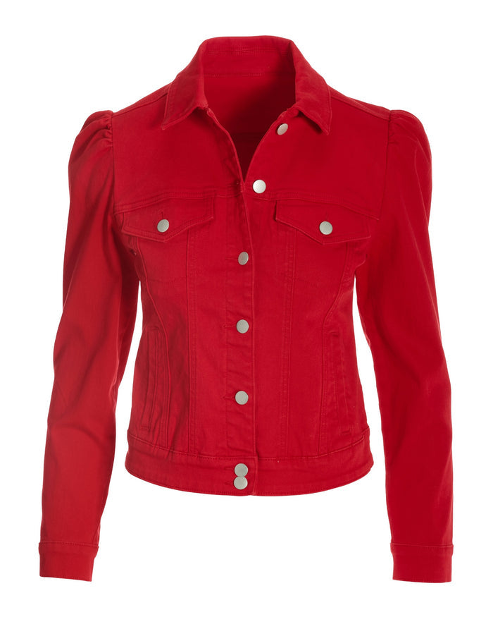 Denim Puff-Sleeve Jacket Red