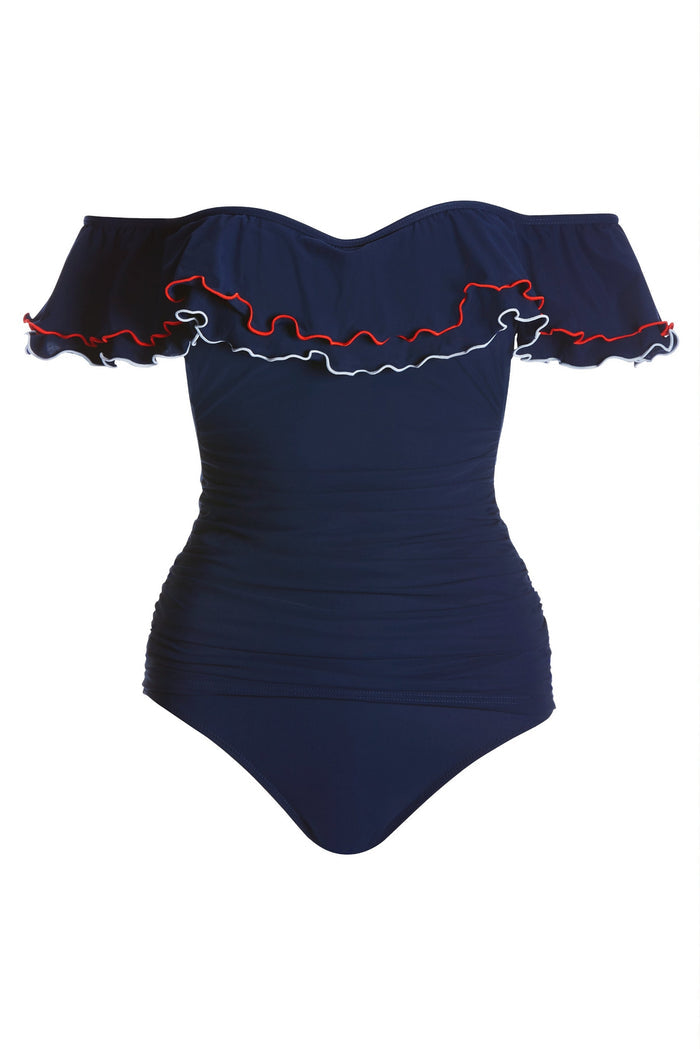 Double Layer Flounce Off The Shoulder Tankini Swimsuit Navy