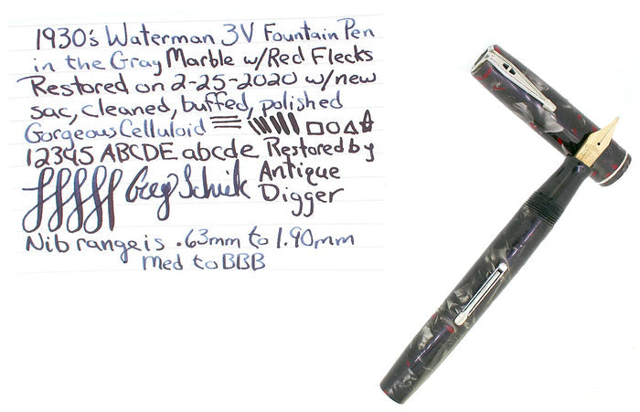 EARLY 1930S WATERMAN 3V GRAY & RED MARBLED FOUNTAIN PEN M-BBB FLEX NIB RESTORED OFFERED BY ANTIQUE DIGGER