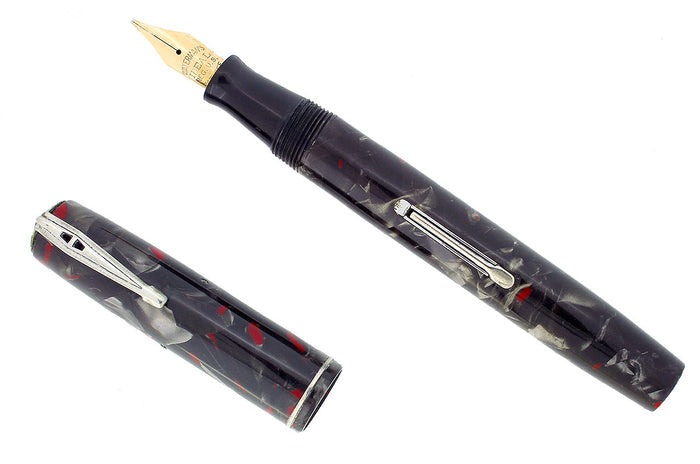 EARLY 1930S WATERMAN 3V GRAY & RED MARBLED FOUNTAIN PEN M-BBB FLEX NIB RESTORED OFFERED BY ANTIQUE DIGGER