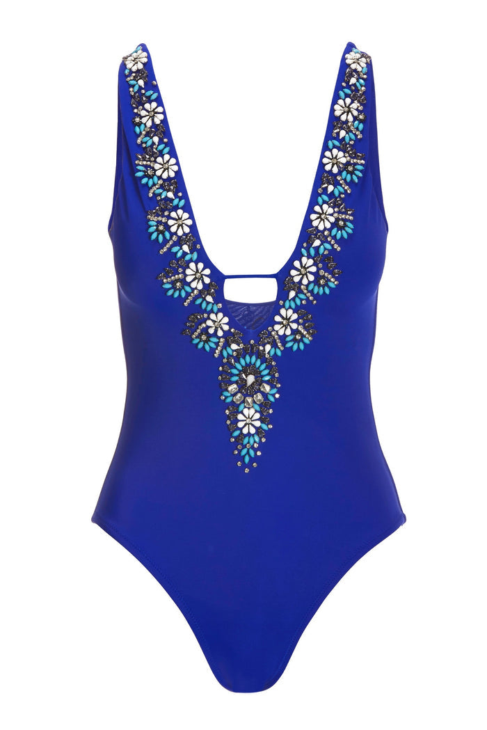 EMBELISHED PLUNGE ONE PIECE SWIMSUIT Deep Ocean