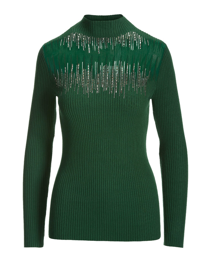 Embellished Illusion Mock Neck Sweater Evergreen