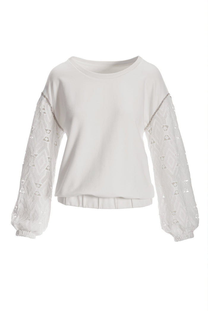Embellished Lace Sleeve Sweatshirt White