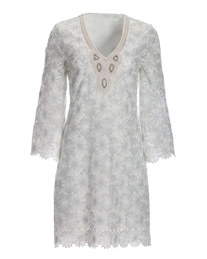 Embellished Metallic Floral Lace Tunic Dress White Silver