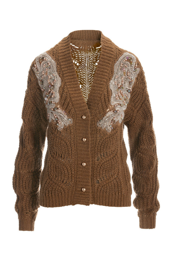 Embellished Open-Stitch Short Cardigan Sweater Brown