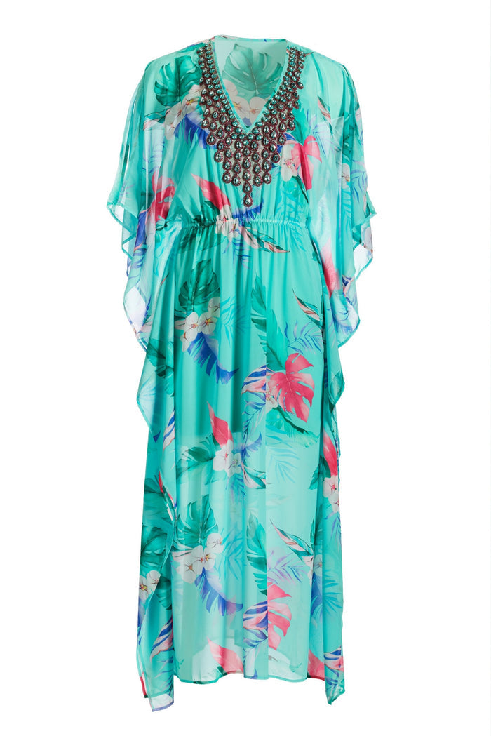 Embellished Tropical Print Maxi Dress Multi