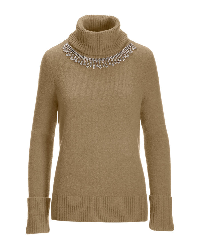 Embellished Turtleneck Sweater Tan