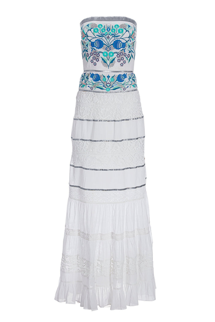 Embroidered and Embellished Lace Inset Maxi White Blue Multi