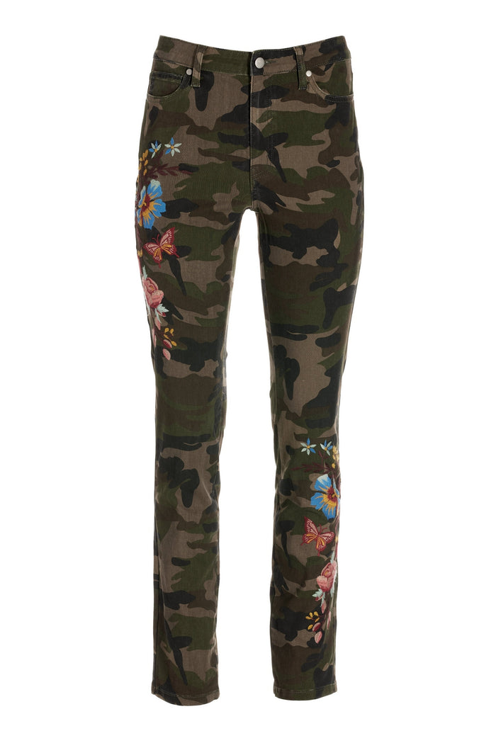 Embroidered Camo 5 Pocket Jean Green Multi