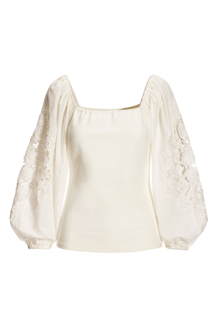Embroidered Sleeve Ponte Square Neck Top Off White