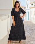 Eyelet Covered-Button Maxi Dress Black