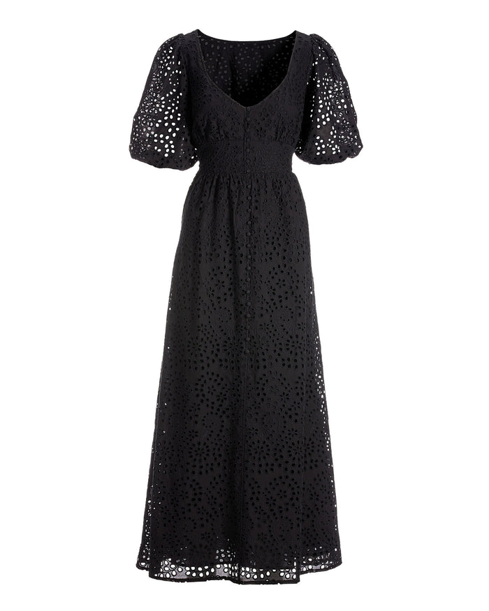 Eyelet Covered-Button Maxi Dress Black