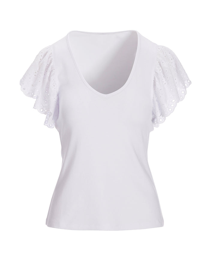 Eyelet-Sleeve V-Neck Knit Top White