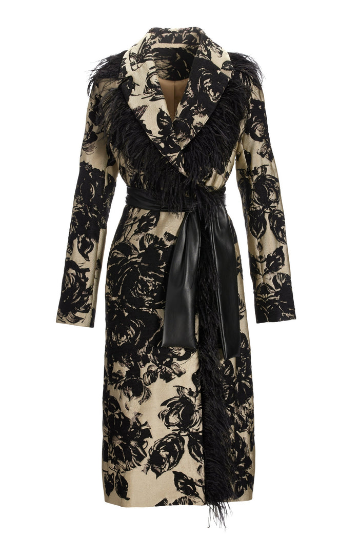 Faux-Feather Trim Jacquard Statement Coat Black Multi