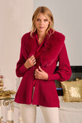 Faux Fur Balloon Sleeve A Line Zip Up Cardigan Jester Red