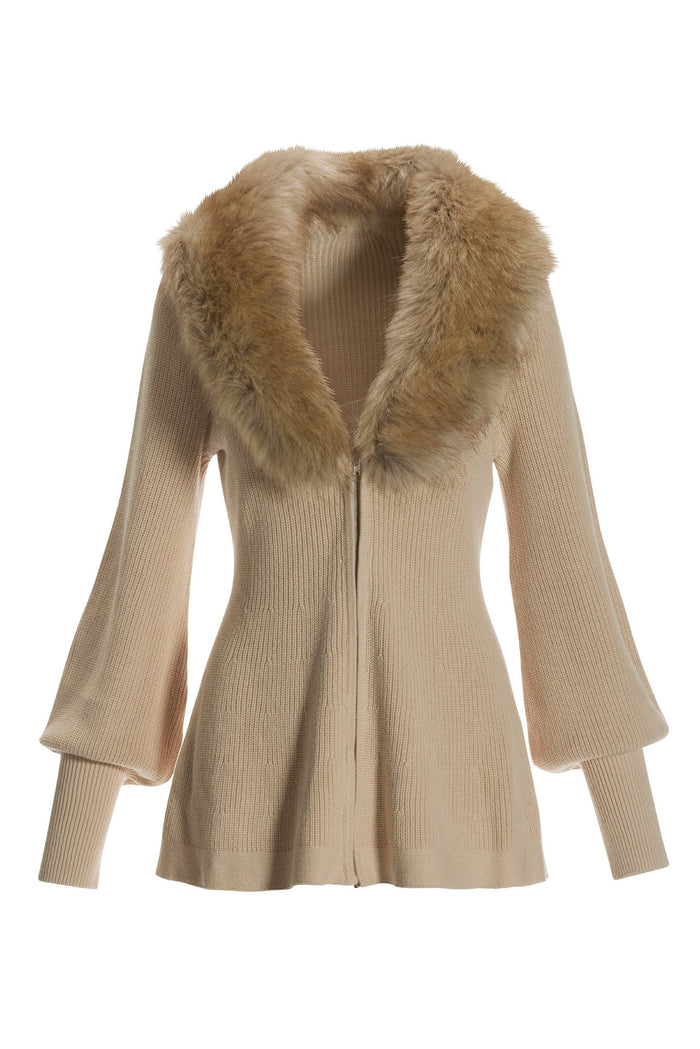 Faux Fur Balloon Sleeve A Line Zip Up Cardigan Tan