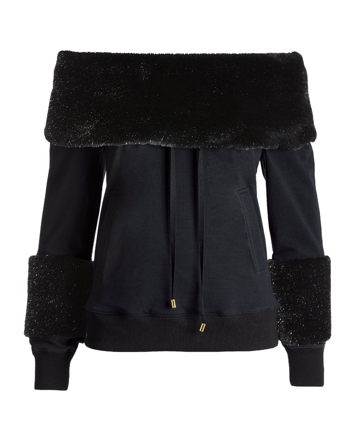Faux Fur Neckline Sweatshirt Black
