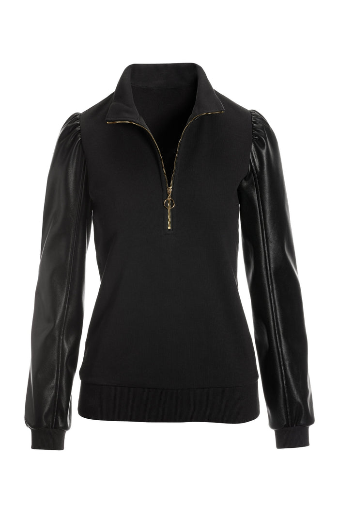 Faux Leather Sleeve Sweatshirt Black