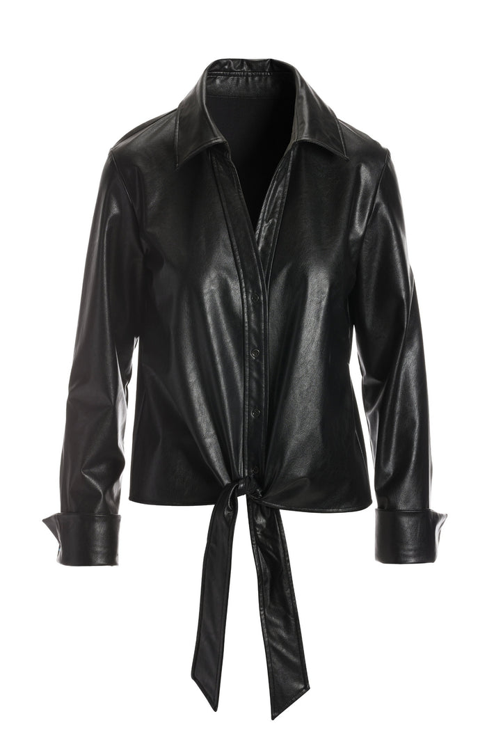 Faux Leather Tie Front Shirt Black