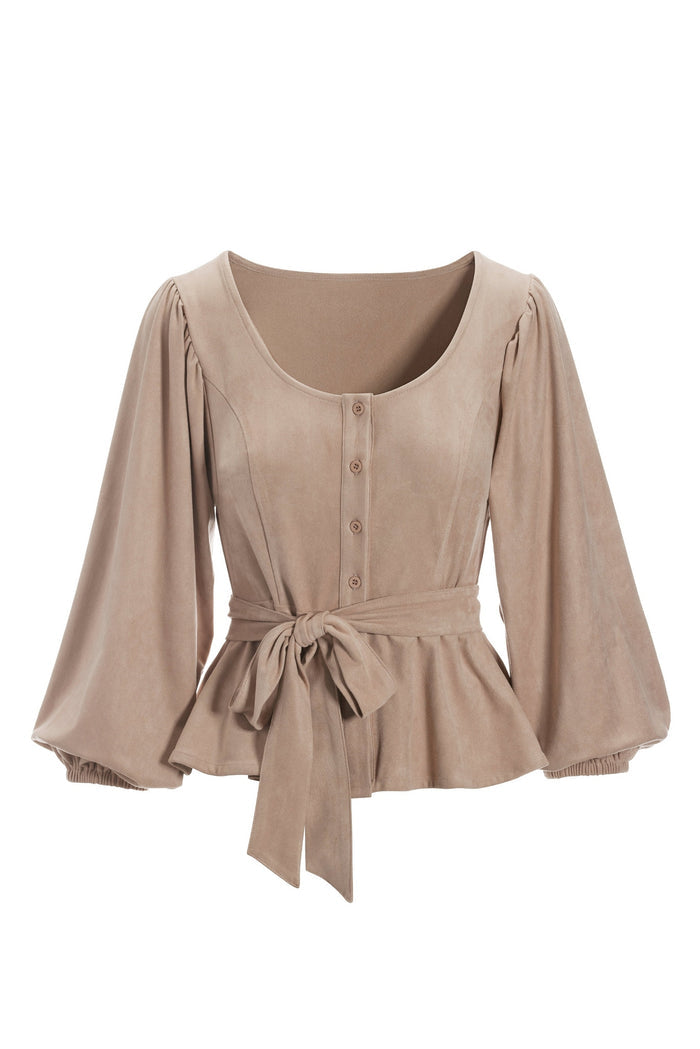 Faux Suede Button Down Puff Sleeve Top Tan