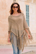 Faux Suede Fringe Poncho Sesame