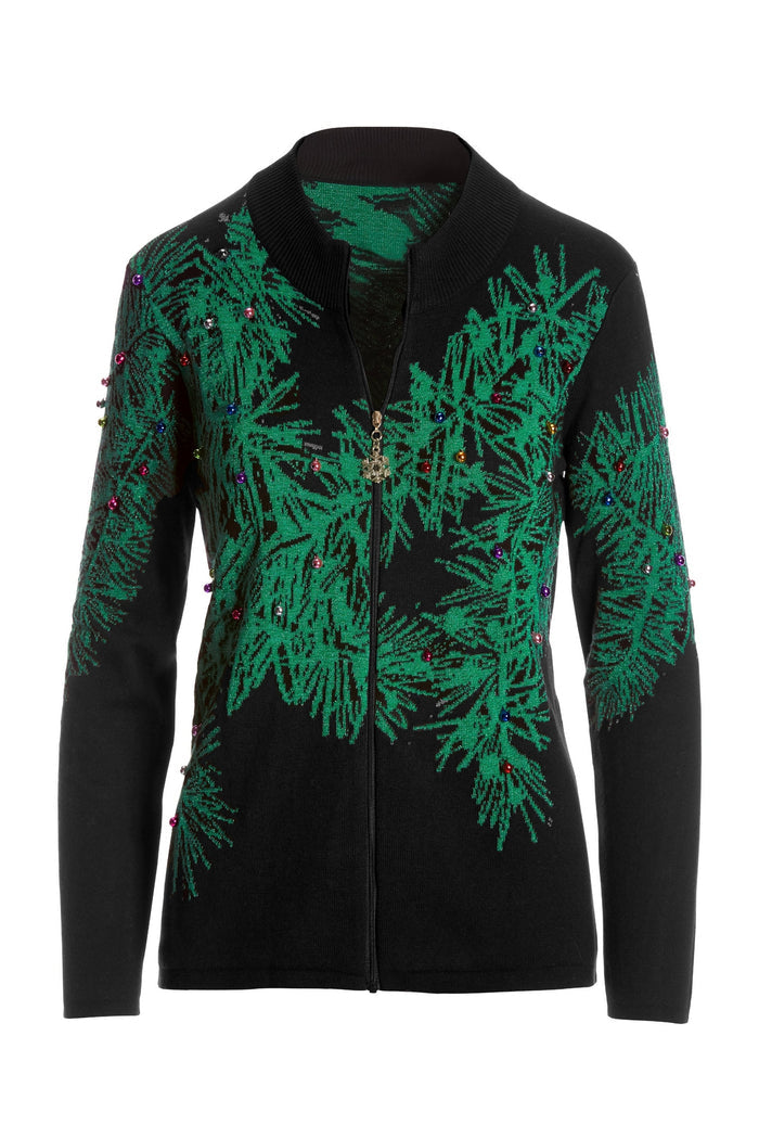 Festive Tree Zip Up Cardigan Black Multi