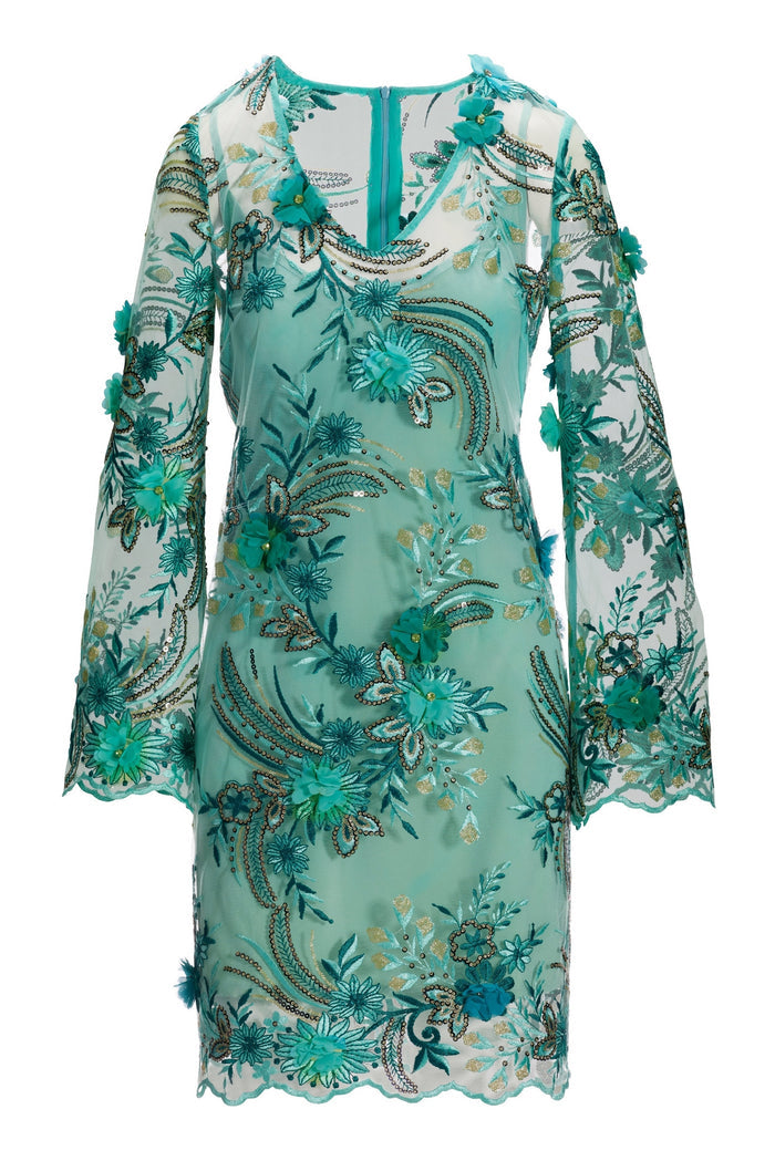 Flare Sleeve Sequin Embroidered Mesh Dress Multi