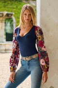 Floral Embroidered Sleeve V Neck Top Navy Multi