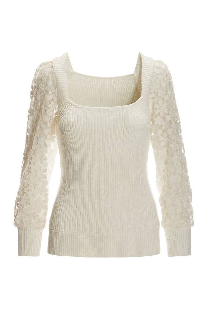 Floral Illusion Sleeve Square Neck Sweater Off White