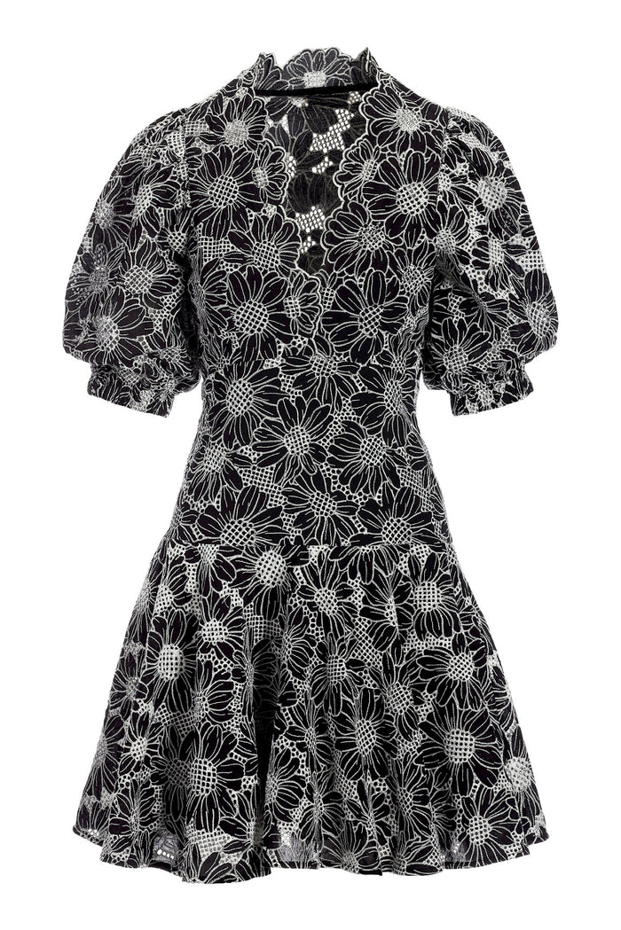 Floral Lace Puff Sleeve Dress White/Black