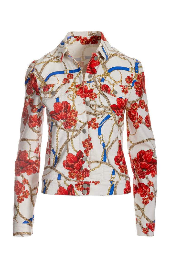 Floral Status Print Puff Sleeve Denim Jacket Red Multi