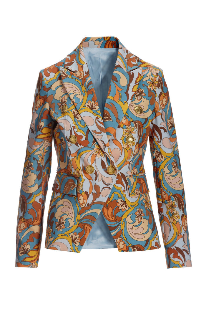 Folk Favorite Print Modern Double Breasted Blazer Blue Multi