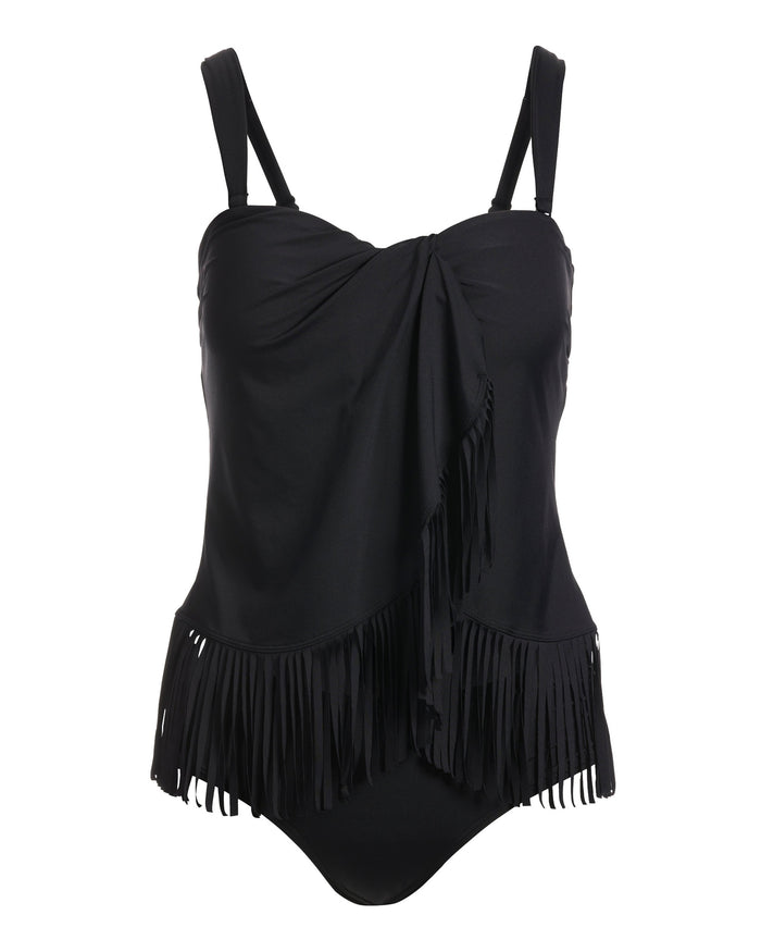 Fringe Bandeau Tankini Swimsuit Black