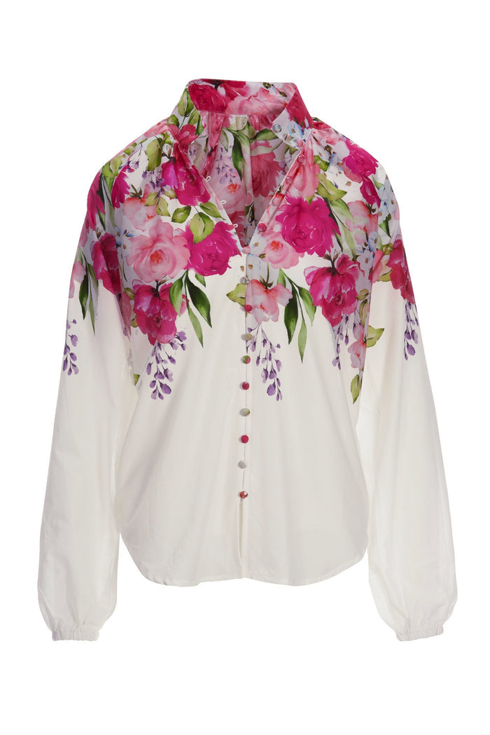 Garden Party Print Balloon-Sleeve Peasant Shirt Pink Multi