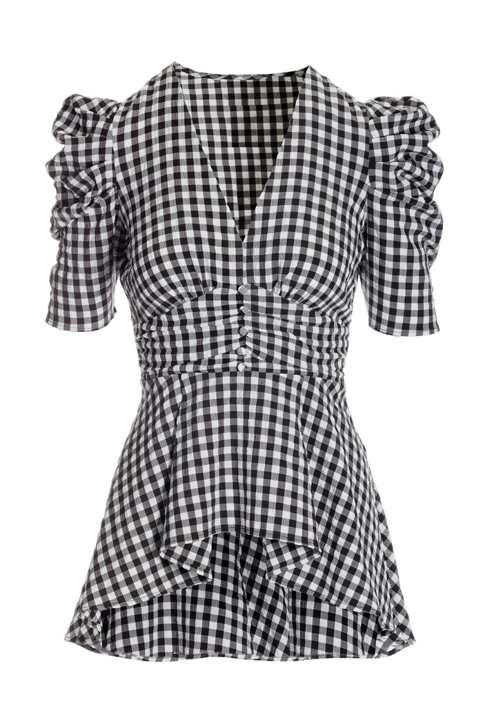 Gingham Covered Button High Low Knit Top Black/White