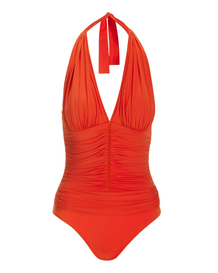 Halter Shirred One-Piece Swimsuit Fire