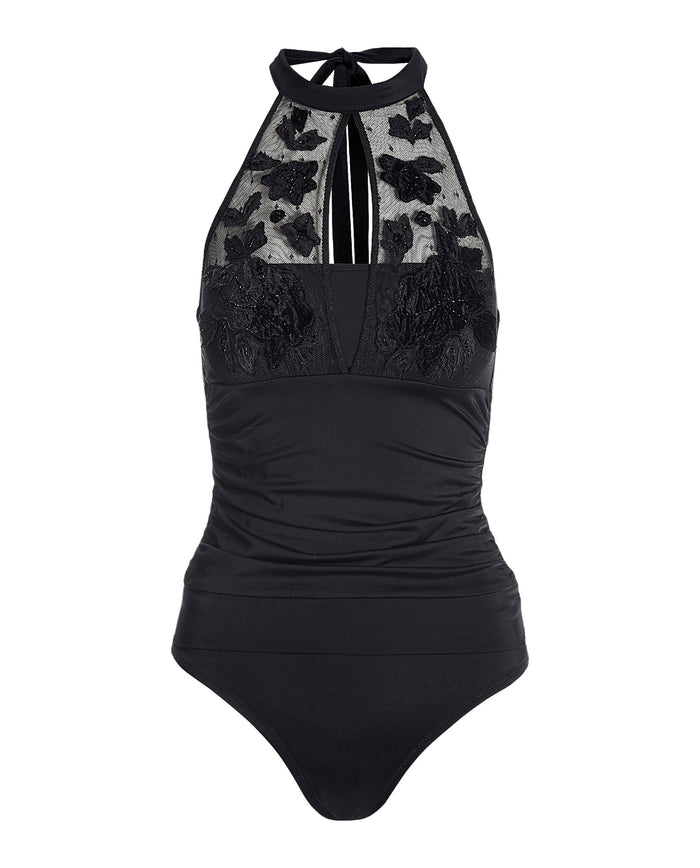 High Neck Embroidered Mesh Two Piece Tankini Black