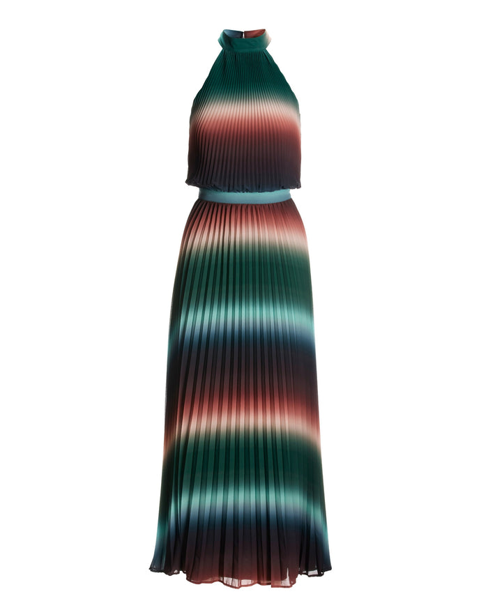 High Neck Pleated Ombre Maxi Blue Green