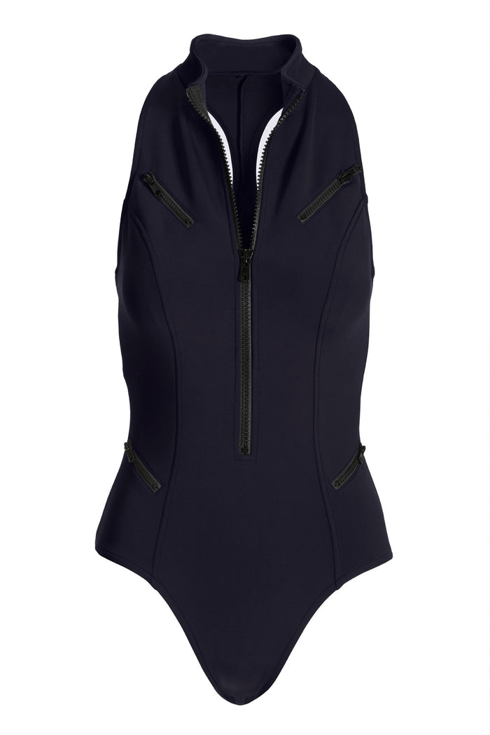 High Neck Zip Front Scuba One Piece Black