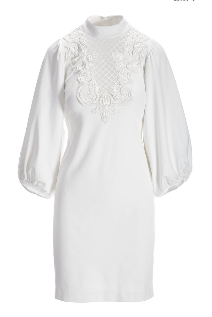 Lace Detail Balloon Sleeve Shift Dress White