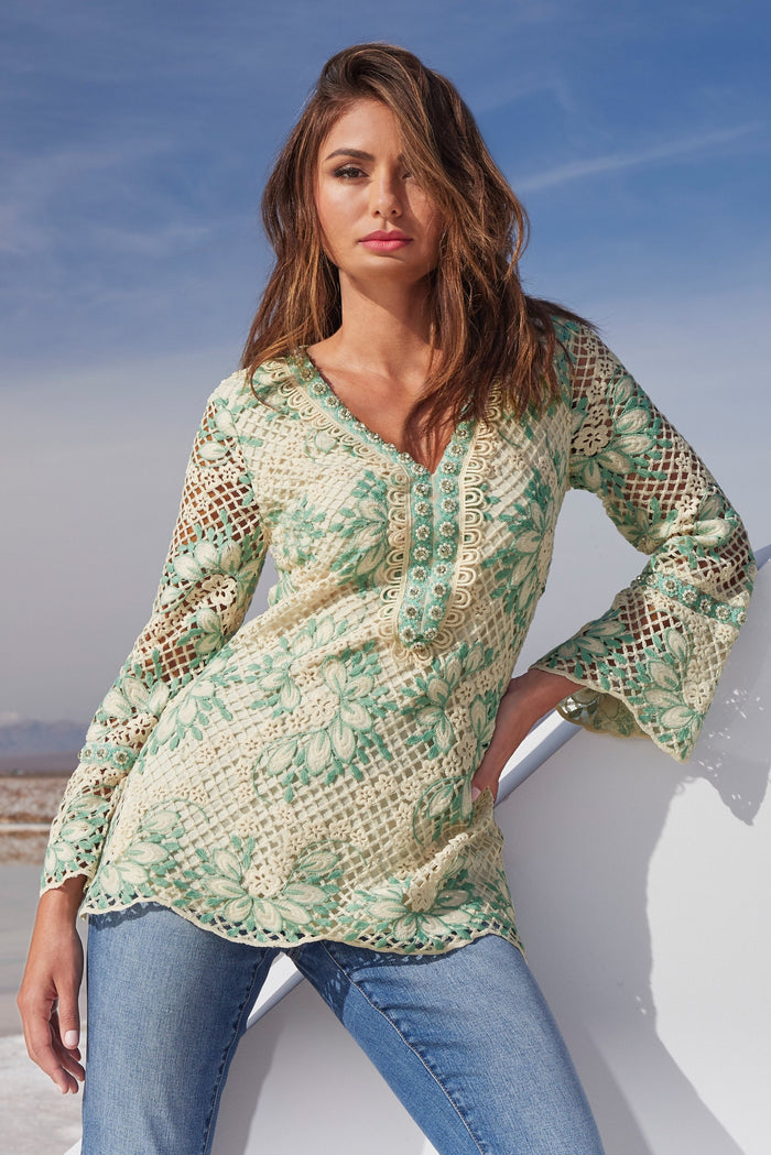 Lace Embellished Tunic Top Off White Multi