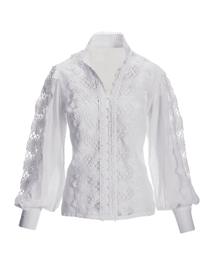 Lace Inset Drama Sleeve Shirt White