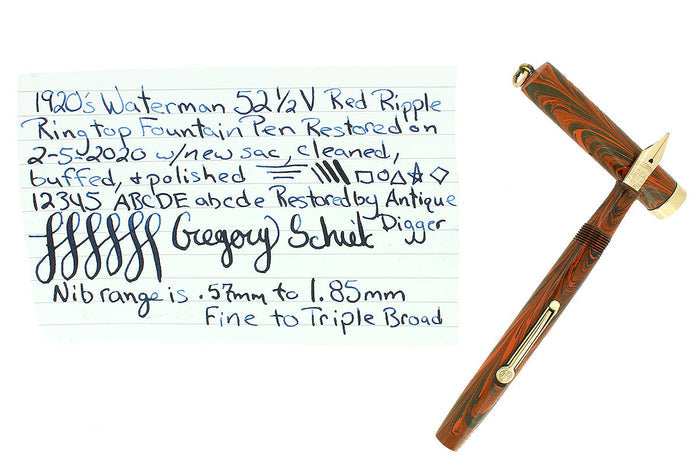 LATE 1920S WATERMAN 52 1/2V RIPPLE RIPPLE F-BBB 1.85MM FLEX NIB FOUNTAIN PEN RESTORED OFFERED BY ANTIQUE DIGGER