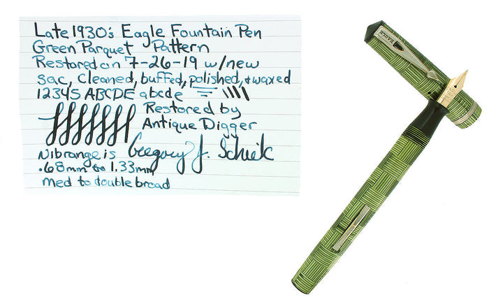 LATE 1930S EAGLE GREEN PARQUET PATTERN LEVER FILLER FOUNTAIN PEN RESTORED OFFERED BY ANTIQUE DIGGER