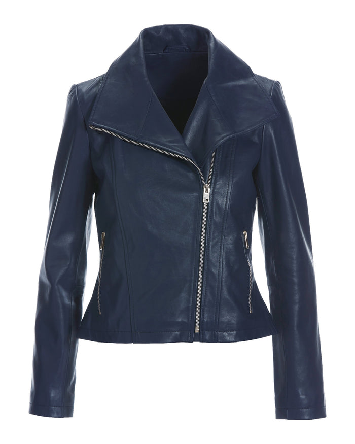 Leather Collared Moto Jacket Navy